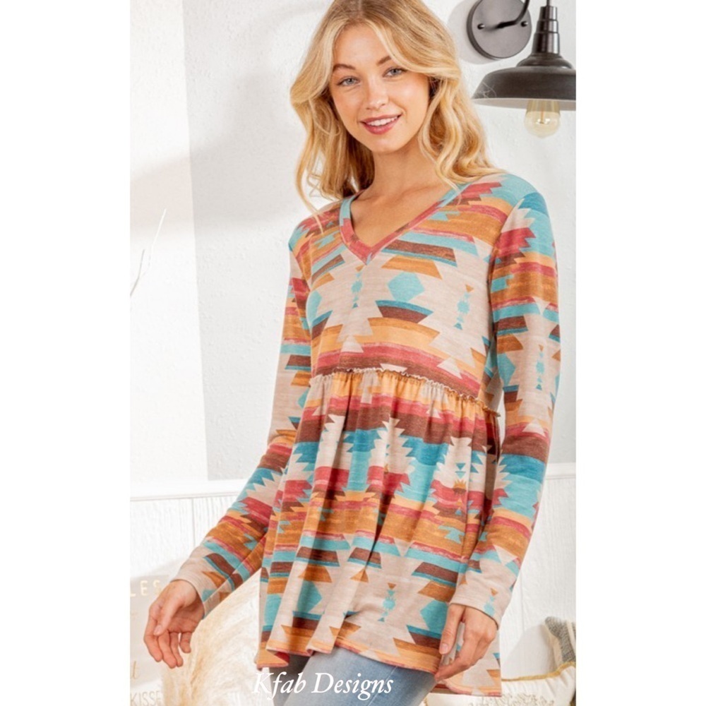 LAST 2! V Neck Ruffle Detail Aztec Print Top! - Picture 3 of 11